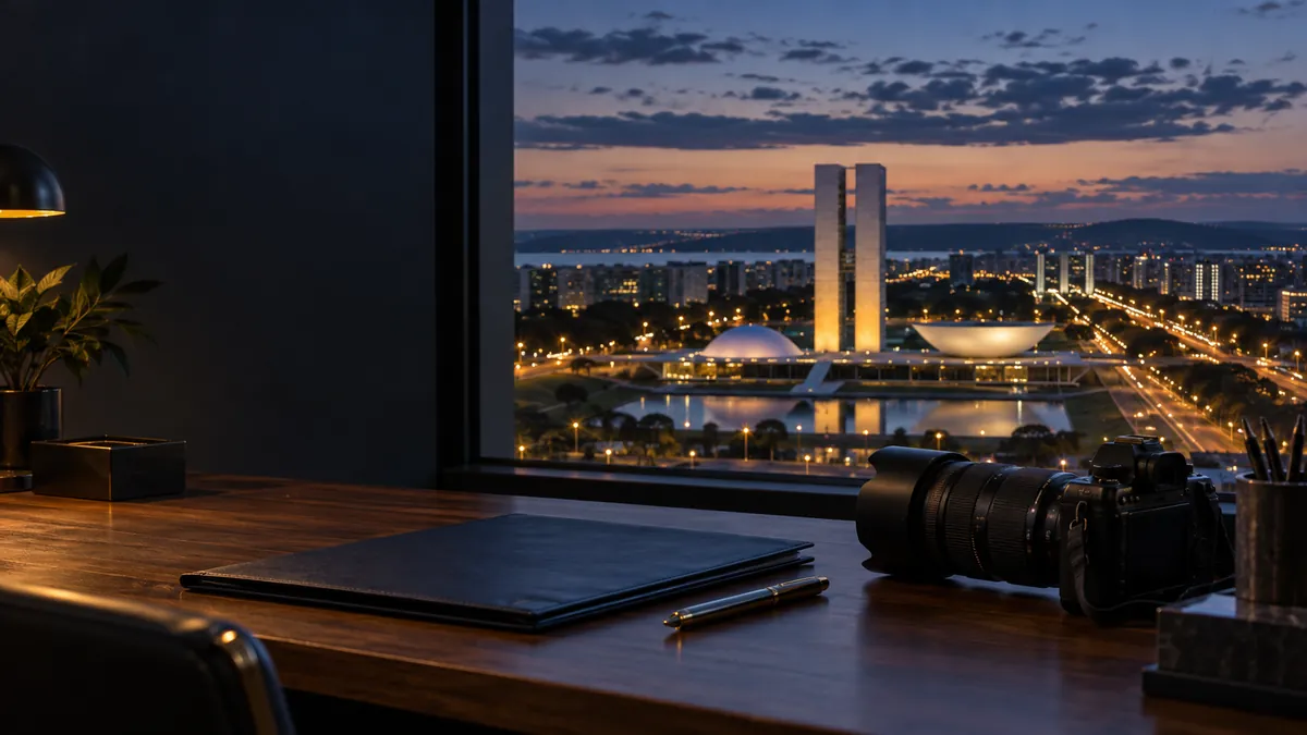 Detetive particular DF: cena ilustrativa com câmera, documentos e vista de Brasília