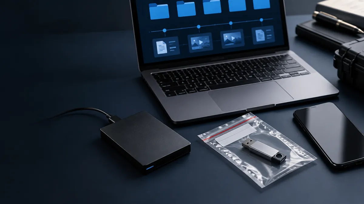 Detetive particular DF: notebook e mídias de armazenamento em cena ilustrativa de investigação digital