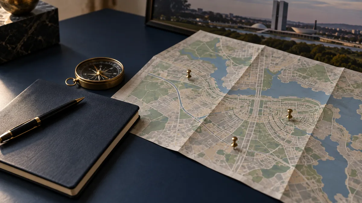 Detetive particular DF: mapa conceitual, bússola e anotações para ilustrar localização de pessoas