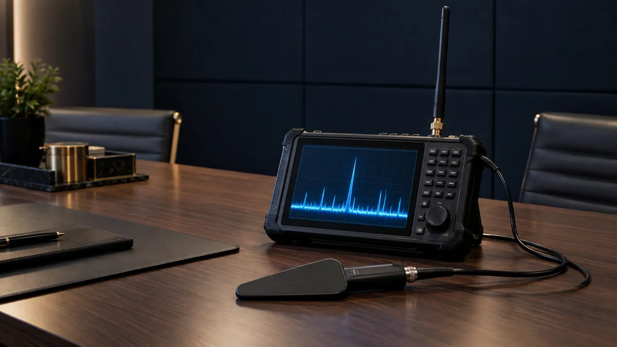 Detetive particular DF: analisador de radiofrequência em cena ilustrativa de varredura de escutas